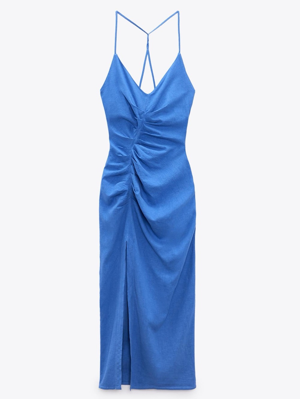 Zara Blue Ruched Linen Blend Slip Midi Dress Small